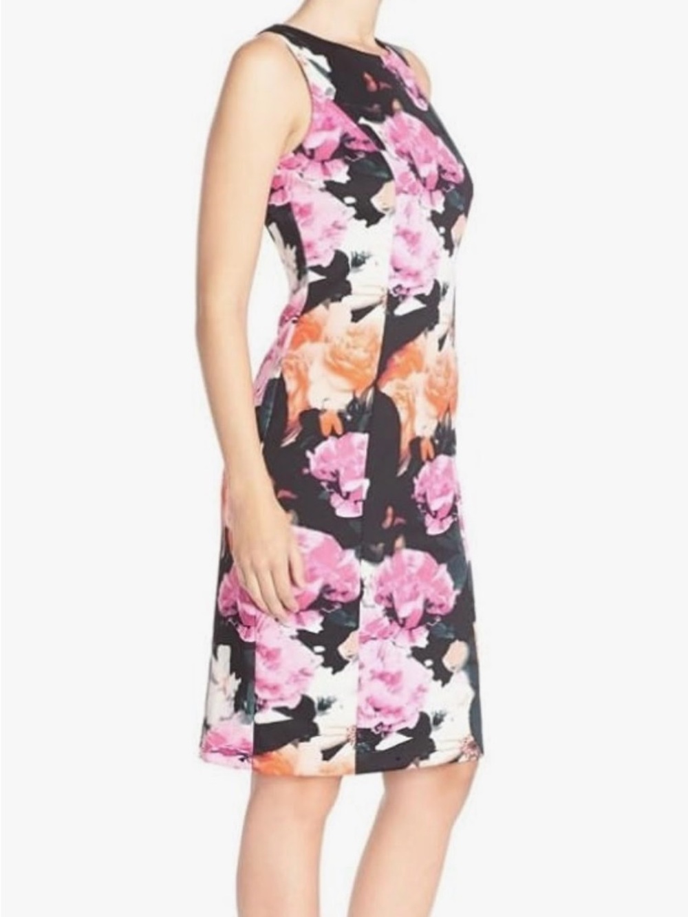 NWT Vince Camuto Black Floral Print Sheath Dress with Pink & Coral Accents